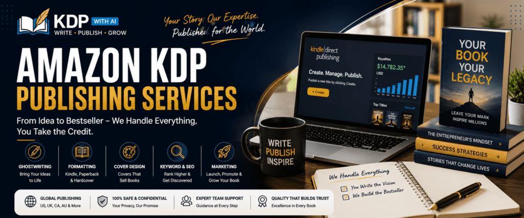 Professional Amazon KDP Publishing Services including ghostwriting, formatting, cover design and SEO optimization.