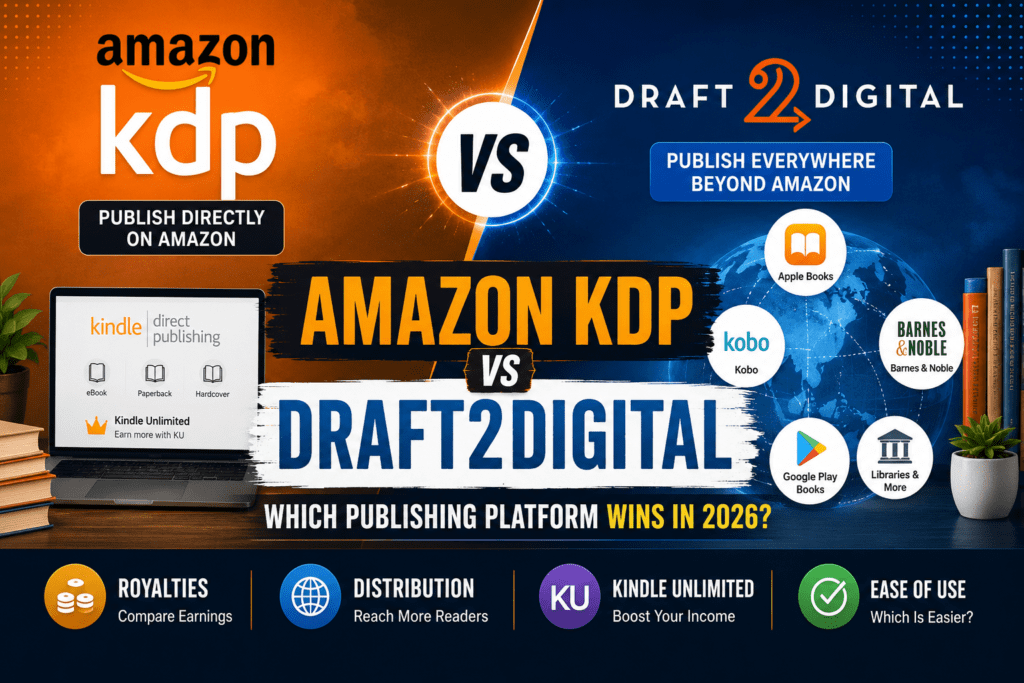 Amazon KDP vs Draft2Digital comparison showing royalties, distribution, Kindle Unlimited, and publishing options for self-published authors in 2026.