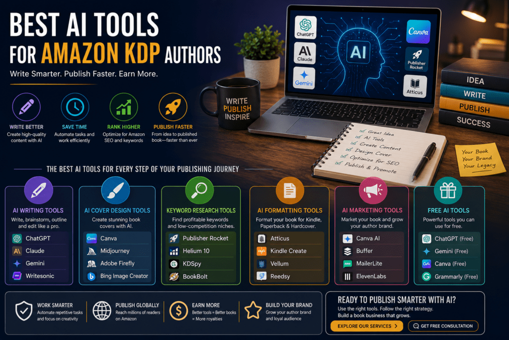 Best AI tools for Amazon KDP authors including ChatGPT Canva Claude Publisher Rocket and Atticus