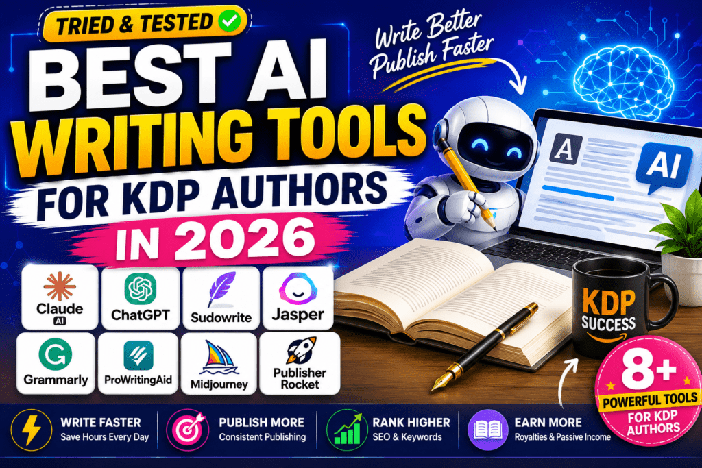 Best AI Writing Tools for KDP Authors in 2026 including Claude AI, ChatGPT, Grammarly, Sudowrite, Jasper AI, Midjourney, ProWritingAid, and Publisher Rocket.