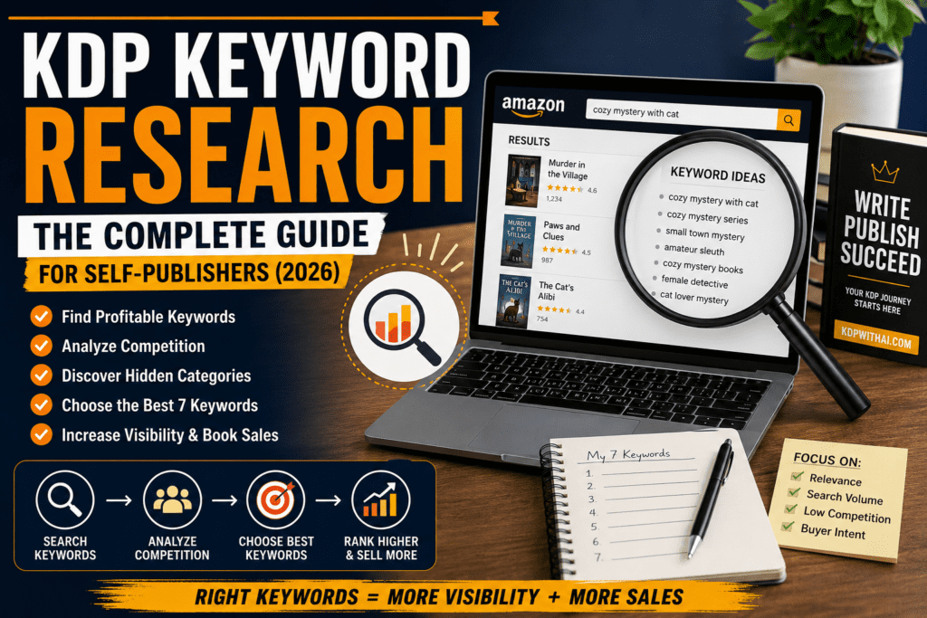 KDP Keyword Research Guide for Amazon Kindle Direct Publishing showing keyword research process and Amazon book SEO strategy.