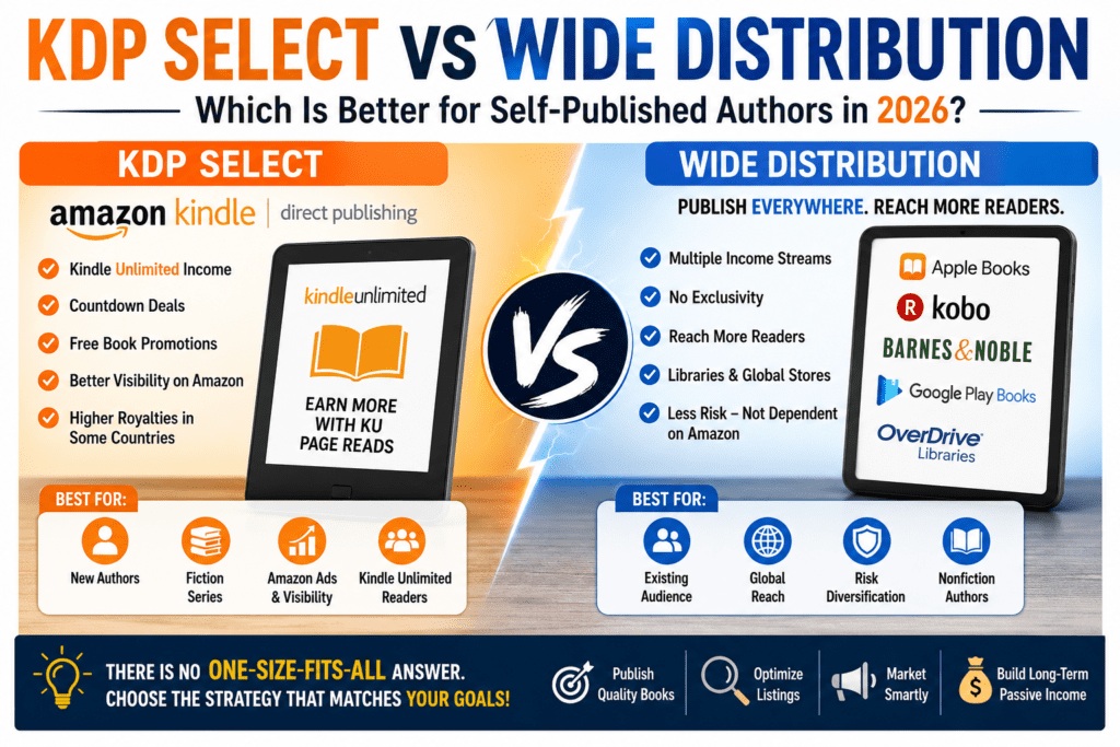 KDP Select vs Wide Distribution comparison showing Kindle Unlimited, Amazon KDP exclusivity, Apple Books, Kobo, Google Play Books, libraries, and the best publishing strategy for self-published authors in 2026.