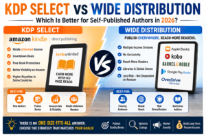 KDP Select vs Wide Distribution comparison showing Kindle Unlimited, Amazon KDP exclusivity, Apple Books, Kobo, Google Play Books, libraries, and the best publishing strategy for self-published authors in 2026.