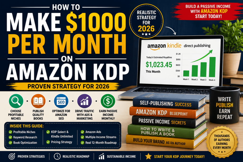 How to Make $1000 Per Month on Amazon KDP in 2026 using proven strategies including niche research, Amazon SEO, Kindle Unlimited, book series, and Amazon Ads.