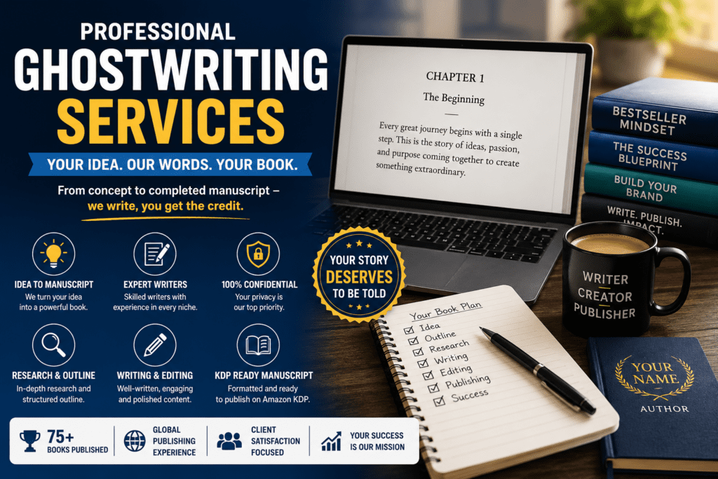 Professional ghostwriting services for Amazon KDP authors including book writing, editing, research, and publishing support.