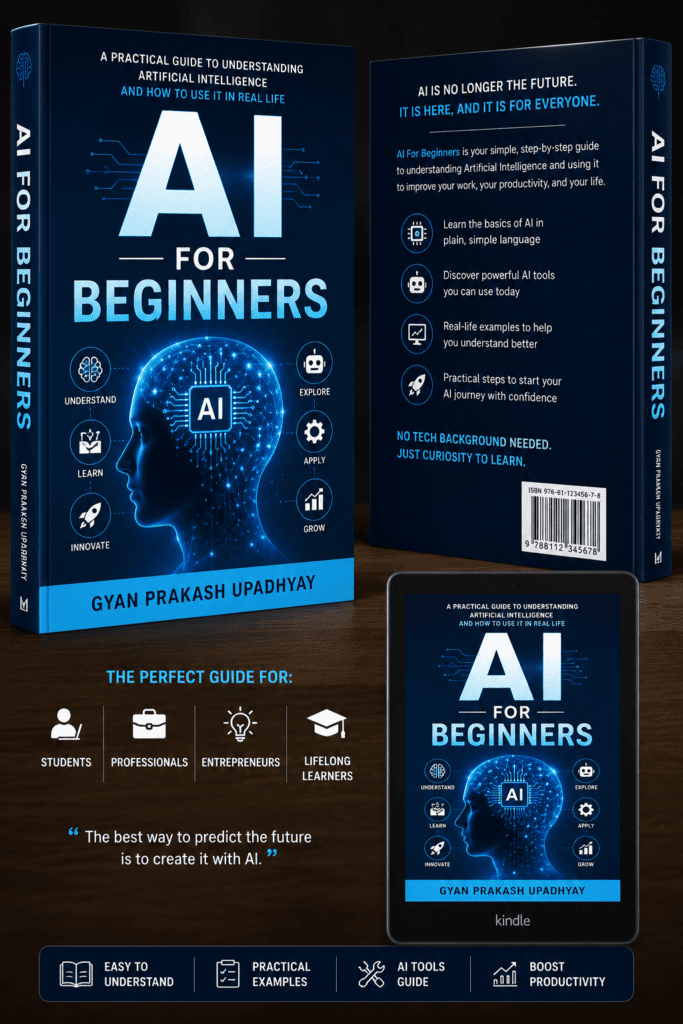 AI for Beginners book cover design showcasing modern artificial intelligence concepts for students and professionals.