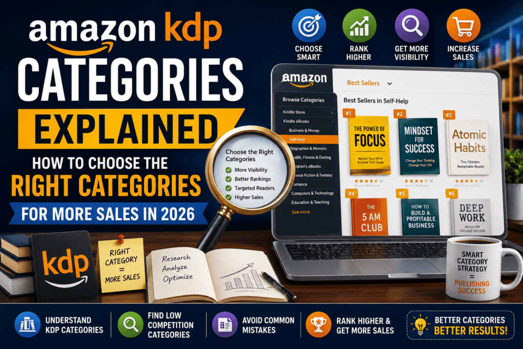 Amazon KDP categories explained guide showing how to choose the right book categories for higher rankings, better visibility, and increased sales on Amazon in 2026.