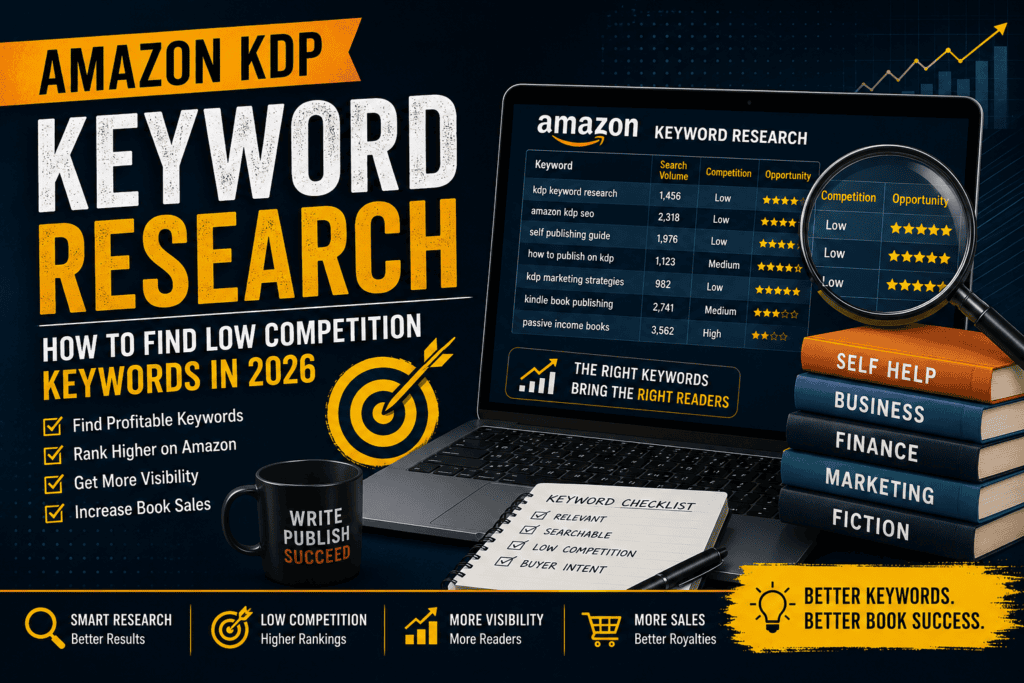 Amazon KDP keyword research guide showing how to find low competition keywords, improve book rankings, and increase Amazon book sales in 2026.