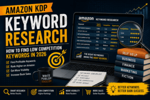 Amazon KDP keyword research guide showing how to find low competition keywords, improve book rankings, and increase Amazon book sales in 2026.