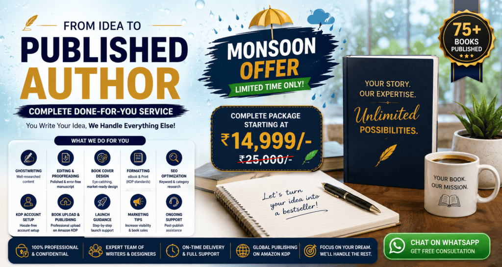Amazon KDP publishing package monsoon offer with complete book publishing services including writing, editing, cover design, formatting, SEO, and Amazon KDP publishing.
