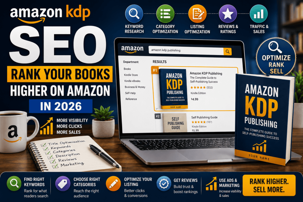 Amazon KDP SEO guide showing keyword research, category optimization, book listing optimization, reviews, and ranking strategies to increase book visibility and sales on Amazon in 2026.