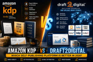 Amazon KDP vs Draft2Digital comparison showing self publishing platforms, royalties, distribution, Kindle Unlimited, and global book publishing options in 2026.