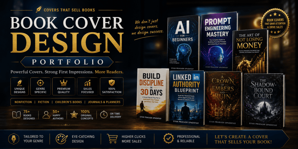 Professional book cover design portfolio featuring business, self-help, AI, finance, fantasy, and fiction book cover designs for self-published authors.