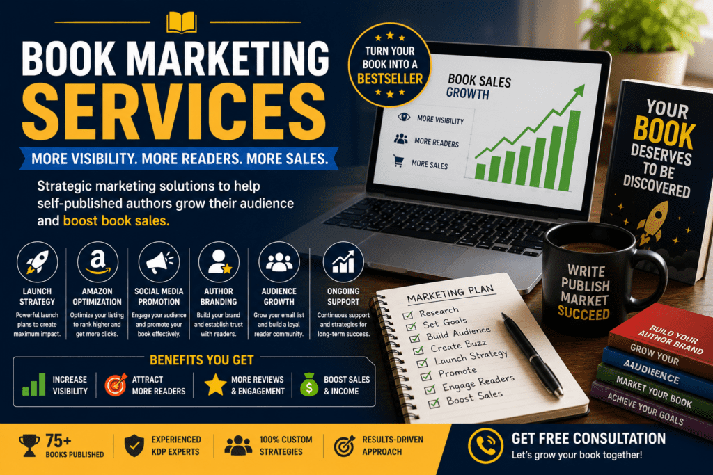 Book marketing services for self-published authors including Amazon optimization, social media promotion, author branding, audience growth, and book launch strategies.