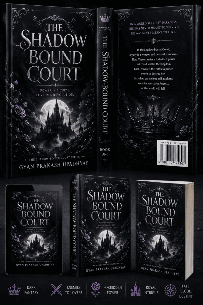 Dark fantasy book cover design featuring gothic castle, moonlit atmosphere, and magical elements.