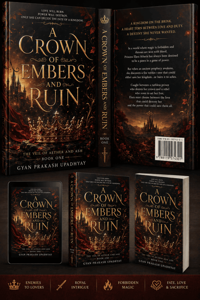 Epic fantasy book cover design featuring a golden crown, dark kingdom, and magical fantasy elements.