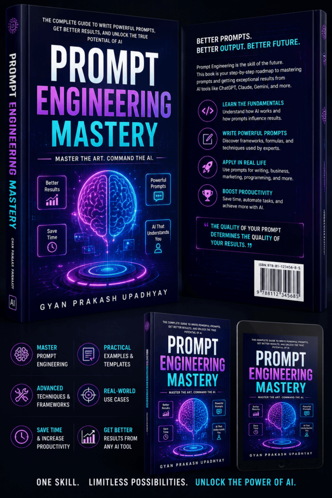 Prompt Engineering Mastery futuristic book cover design for AI professionals and prompt engineers.