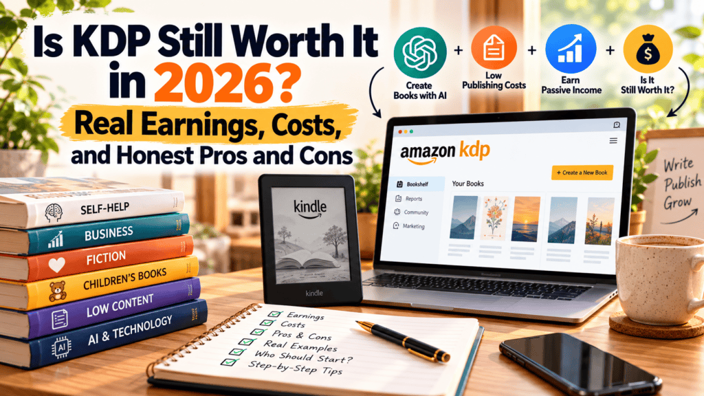 Amazon KDP publishing in 2026 with a laptop showing the publishing dashboard, Kindle e-reader, books, and a notebook illustrating earnings, costs, and pros and cons.